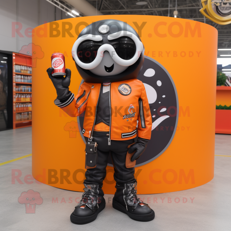 Orange Soda Can mascot costume character dressed with a Biker Jacket and Shawls