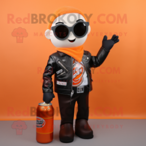 Orange Soda Can mascot costume character dressed with a Biker Jacket and Shawls