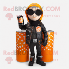 Orange Soda Can mascot costume character dressed with a Biker Jacket and Shawls