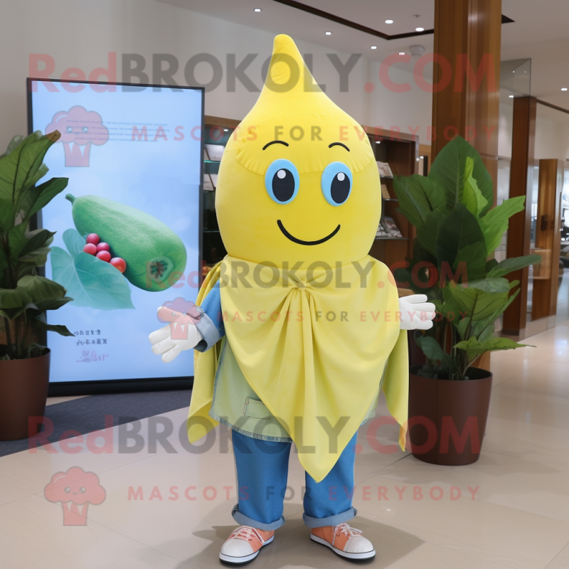 Lemon Yellow Beet mascot costume character dressed with a Denim Shirt and Shawls