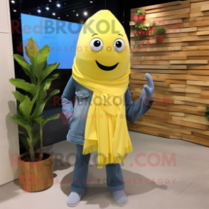 Lemon Yellow Beet mascot costume character dressed with a Denim Shirt and Shawls