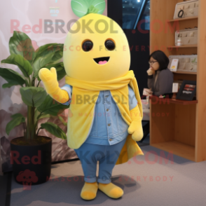 Lemon Yellow Beet mascot costume character dressed with a Denim Shirt and Shawls