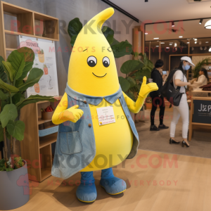 Lemon Yellow Beet mascot costume character dressed with a Denim Shirt and Shawls