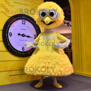 Lemon Yellow Ostrich mascot costume character dressed with a Circle Skirt and Digital watches