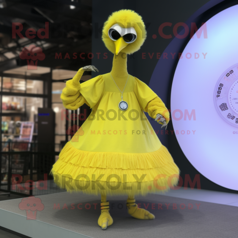 Lemon Yellow Ostrich mascot costume character dressed with a Circle Skirt and Digital watches