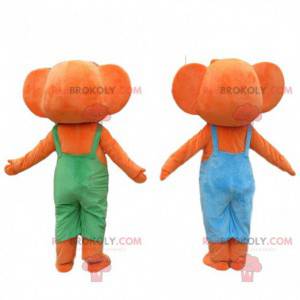 2 orangefarbene Elefantenmaskottchen in bunten Overalls -