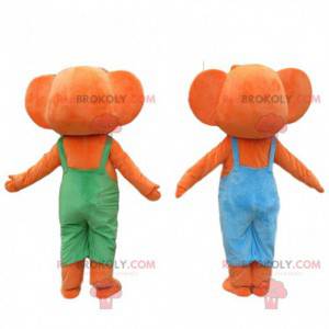 2 oransje elefantmaskoter kledd i fargerike kjeledresser -