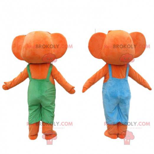 2 orange elephant mascots dressed in colorful overalls -