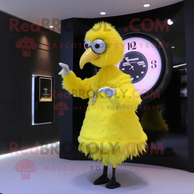 Lemon Yellow Ostrich mascot costume character dressed with a Circle Skirt and Digital watches