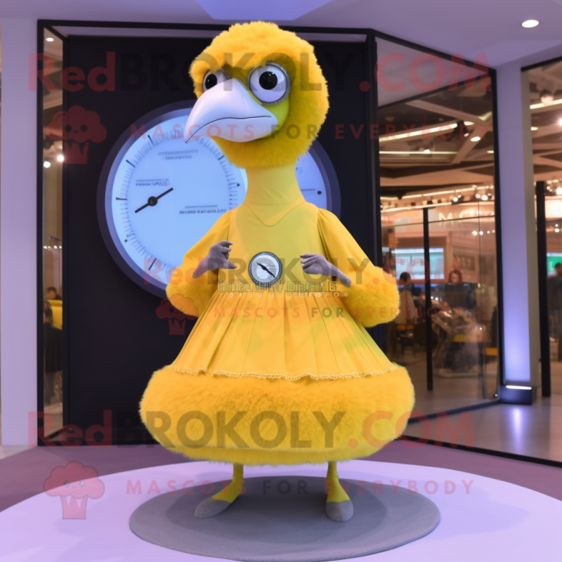 Lemon Yellow Ostrich mascot costume character dressed with a Circle Skirt and Digital watches