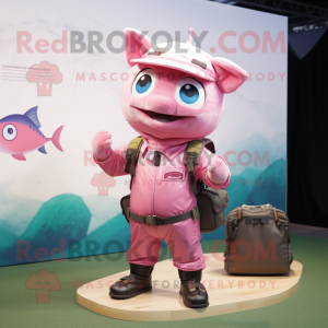 Pink Tuna mascot costume character dressed with a Cargo Pants and Necklaces