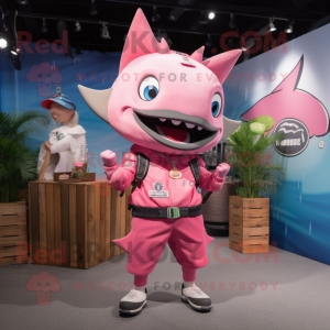 Pink Tuna mascot costume character dressed with a Cargo Pants and Necklaces