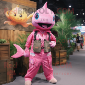 Pink Tuna mascot costume character dressed with a Cargo Pants and Necklaces