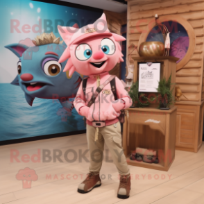 Pink Tuna mascot costume character dressed with a Cargo Pants and Necklaces