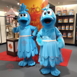 Sky Blue Butter Chicken mascot costume character dressed with a Shift Dress and Belts