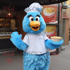 Sky Blue Butter Chicken mascot costume character dressed with a Shift Dress and Belts