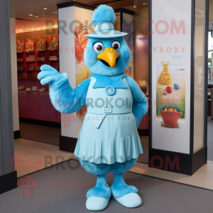 Sky Blue Butter Chicken mascot costume character dressed with a Shift Dress and Belts