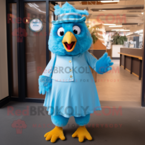 Sky Blue Butter Chicken mascot costume character dressed with a Shift Dress and Belts