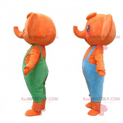 2 orange elephant mascots dressed in colorful overalls -