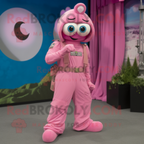 Pink Special Air Service mascot costume character dressed with a Dress and Rings