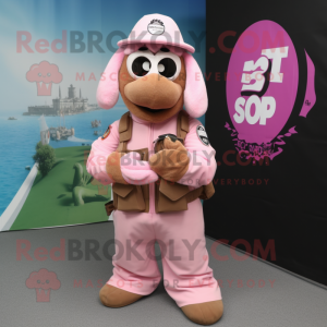 Pink Special Air Service mascot costume character dressed with a Dress and Rings