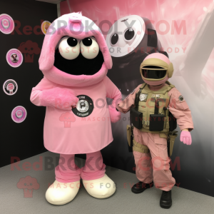 Pink Special Air Service mascot costume character dressed with a Dress and Rings