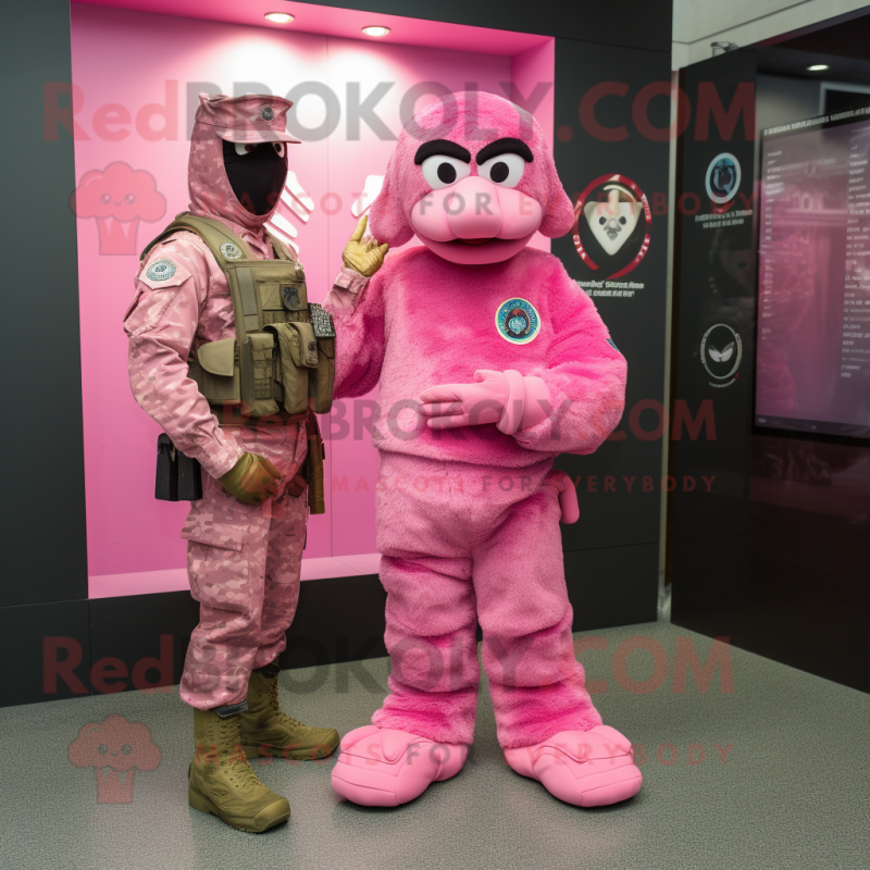 Pink Special Air Service mascot costume character dressed with a Dress and Rings