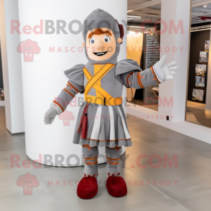 Gray Swiss Guard mascot costume character dressed with a Flannel Shirt and Suspenders