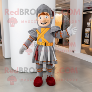 Gray Swiss Guard mascot costume character dressed with a Flannel Shirt and Suspenders