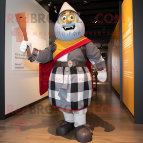 Gray Swiss Guard mascot costume character dressed with a Flannel Shirt and Suspenders