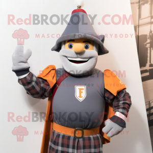 Gray Swiss Guard mascot costume character dressed with a Flannel Shirt and Suspenders