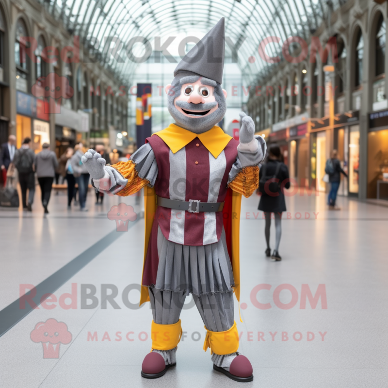 Gray Swiss Guard mascot costume character dressed with a Flannel Shirt and Suspenders