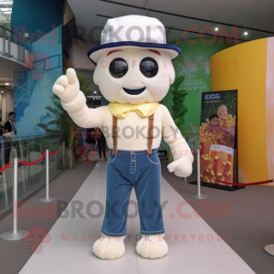 White Pop Corn mascot costume character dressed with a Flare Jeans and Headbands