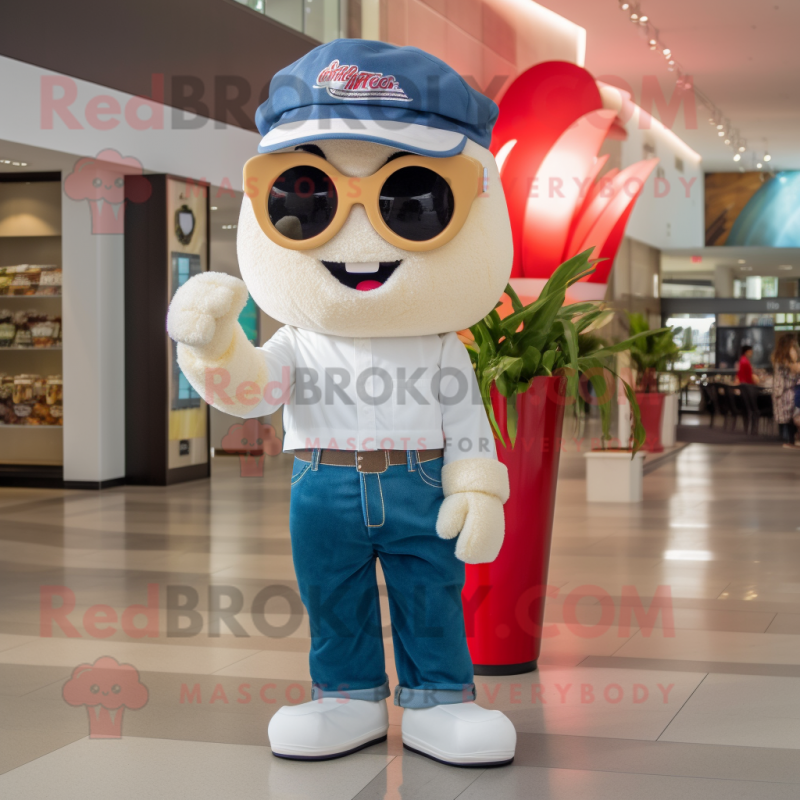 White Pop Corn mascot costume character dressed with a Flare Jeans and Headbands