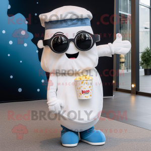 White Pop Corn mascot costume character dressed with a Flare Jeans and Headbands