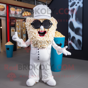 White Pop Corn mascot costume character dressed with a Flare Jeans and Headbands