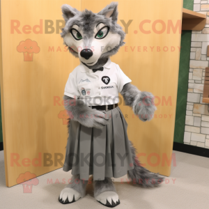 Gray Say Wolf mascot costume character dressed with a A-Line Skirt and Eyeglasses