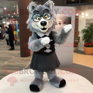 Gray Say Wolf mascot costume character dressed with a A-Line Skirt and Eyeglasses