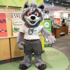 Gray Say Wolf mascot costume character dressed with a A-Line Skirt and Eyeglasses