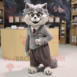 Gray Say Wolf mascot costume character dressed with a A-Line Skirt and Eyeglasses