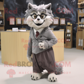 Gray Say Wolf mascot costume character dressed with a A-Line Skirt and Eyeglasses