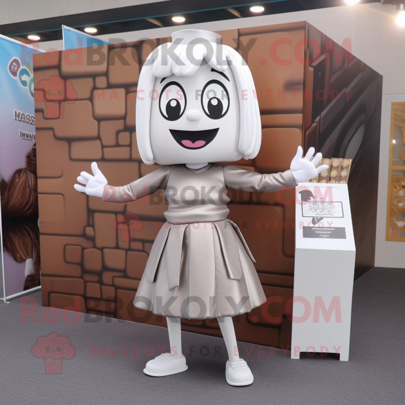 Silver Chocolate Bars mascot costume character dressed with a Pencil Skirt and Briefcases