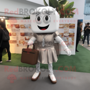 Silver Chocolate Bars mascot costume character dressed with a Pencil Skirt and Briefcases