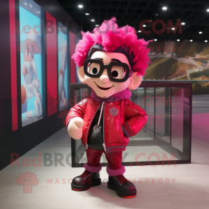 Red Pink mascot costume character dressed with a Leather Jacket and Eyeglasses