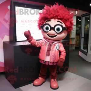 Red Pink mascot costume character dressed with a Leather Jacket and Eyeglasses