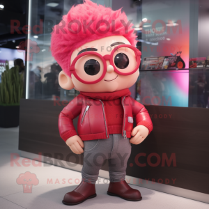 Red Pink mascot costume character dressed with a Leather Jacket and Eyeglasses