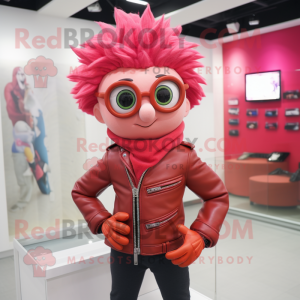 Red Pink mascot costume character dressed with a Leather Jacket and Eyeglasses