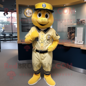 Yellow Police Officer mascot costume character dressed with a Baseball Tee and Tie pins