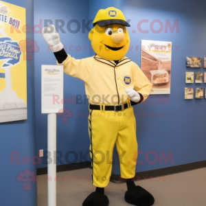 Yellow Police Officer mascot costume character dressed with a Baseball Tee and Tie pins