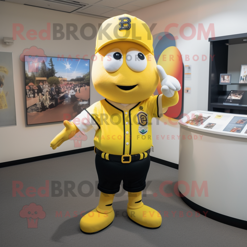 Yellow Police Officer mascot costume character dressed with a Baseball Tee and Tie pins